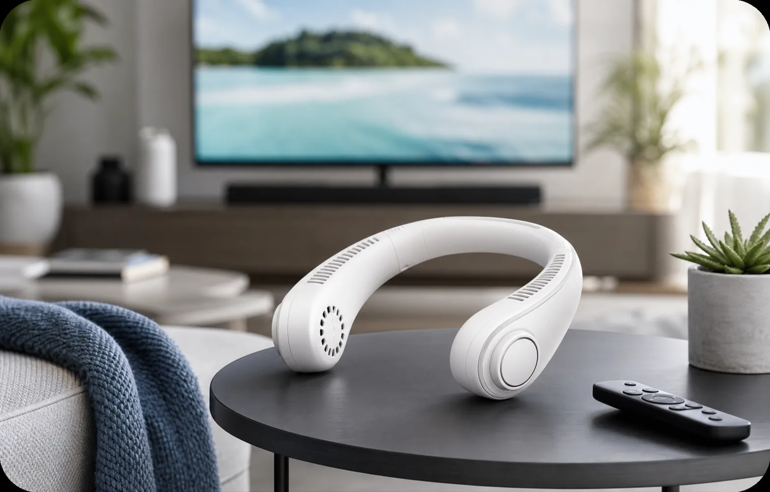 Wearable neck fan on a coffee table in a TV room